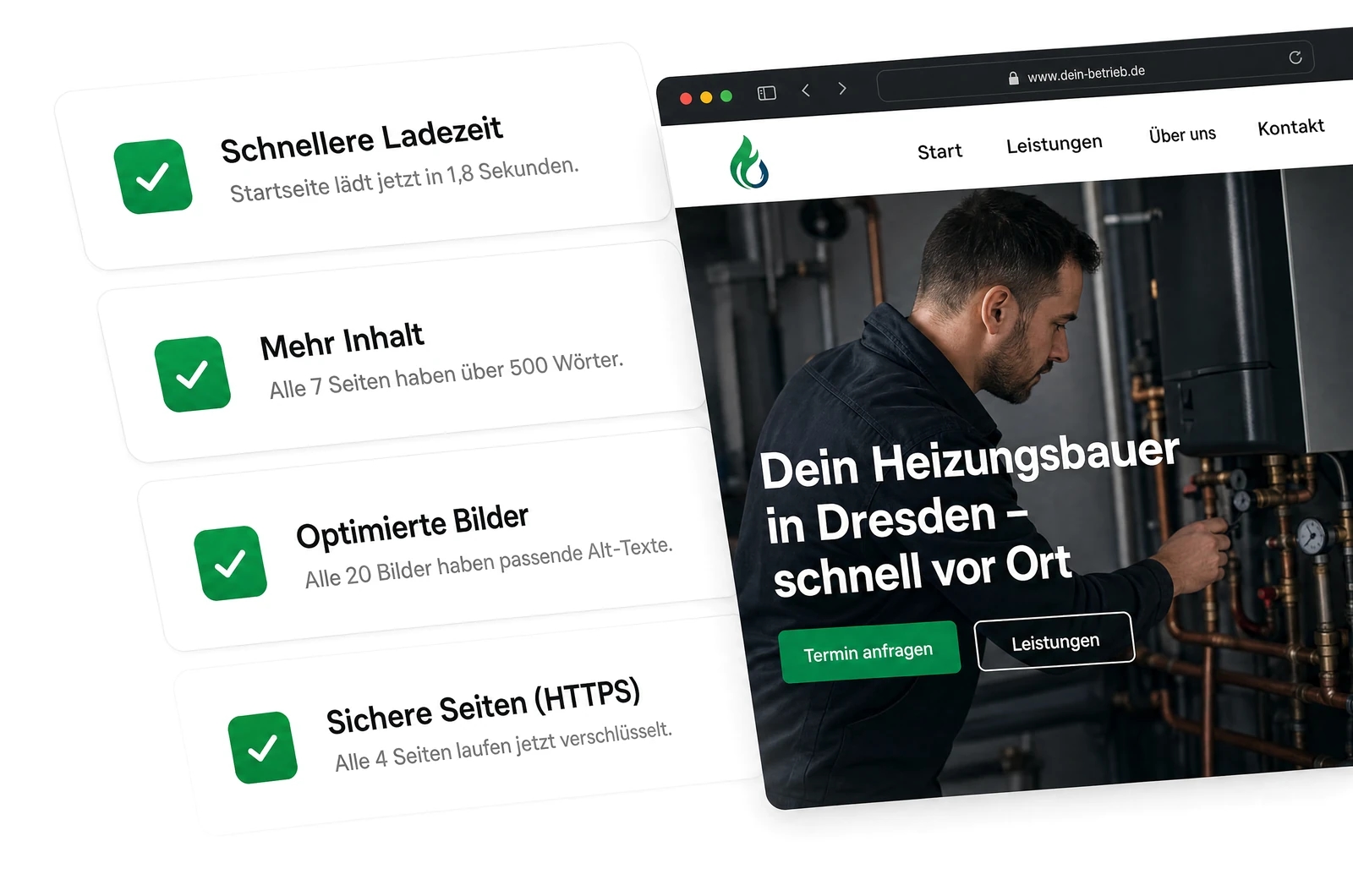 Checkliste mit erledigten On-Page-Optimierungen neben einer optimierten Firmenwebsite