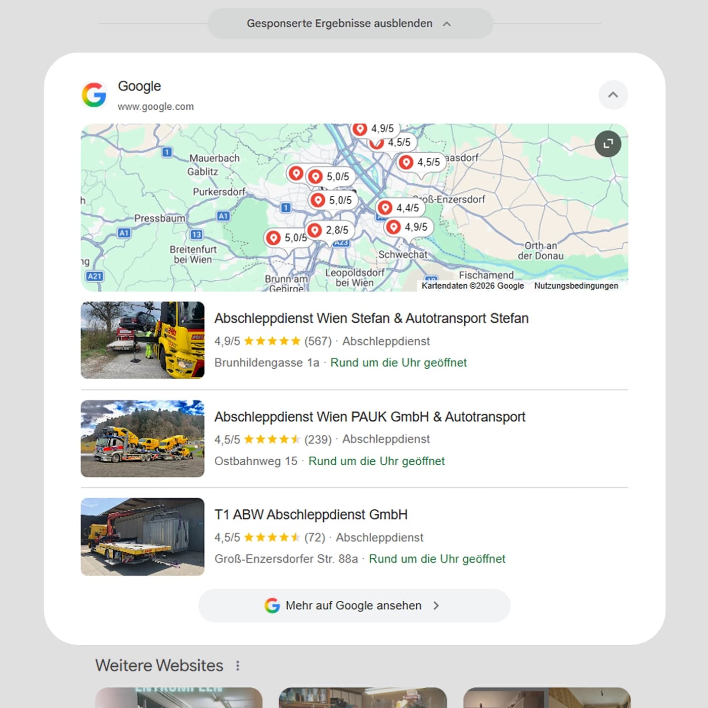 Mockup: Google Local Map Pack in Dresden mit Dein Unternehmen auf Platz 1 vor zwei Mitbewerbern