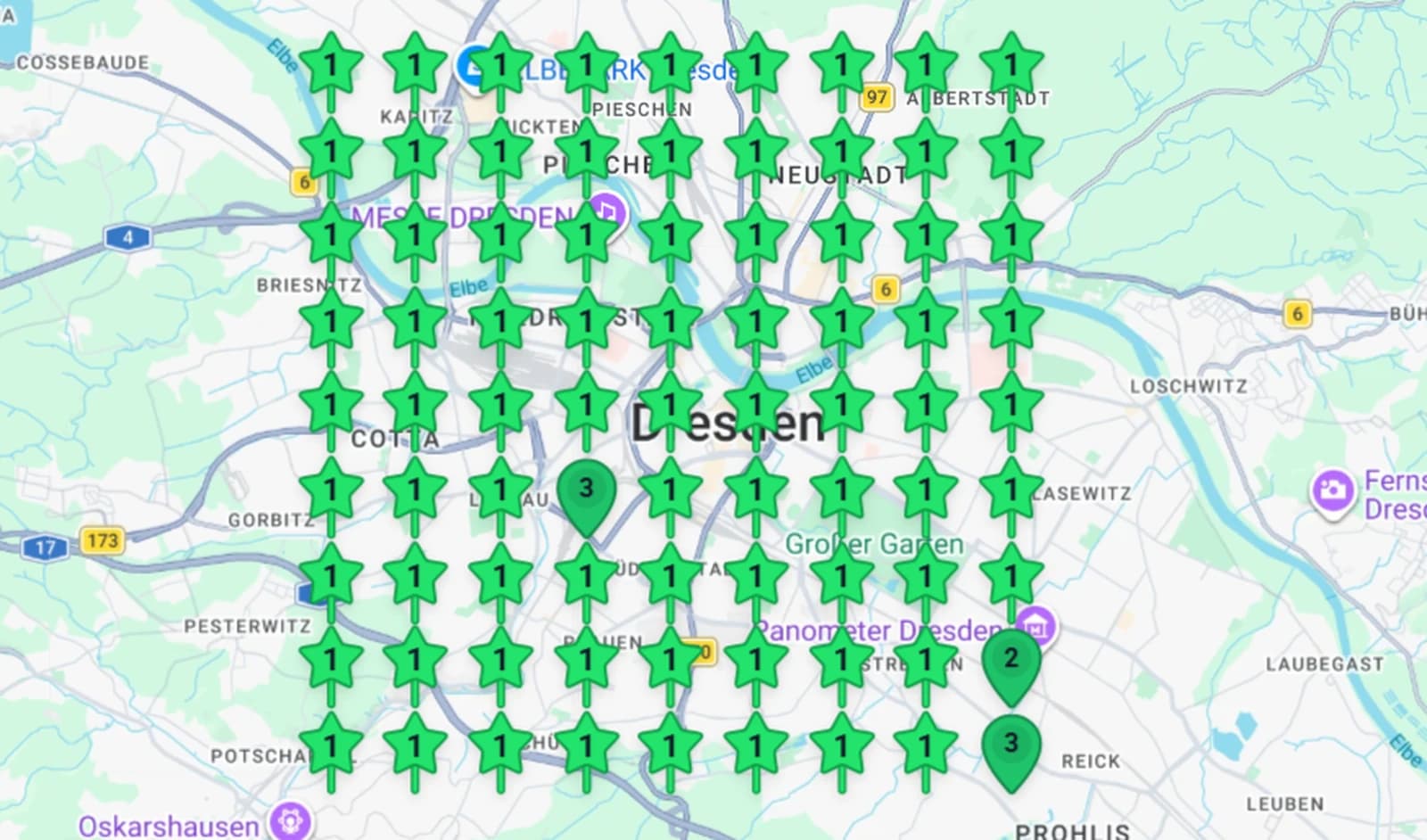 Ranking-Auswertung: 100 % im Local Pack, Position 1 in fast allen Bezirken von Dresden