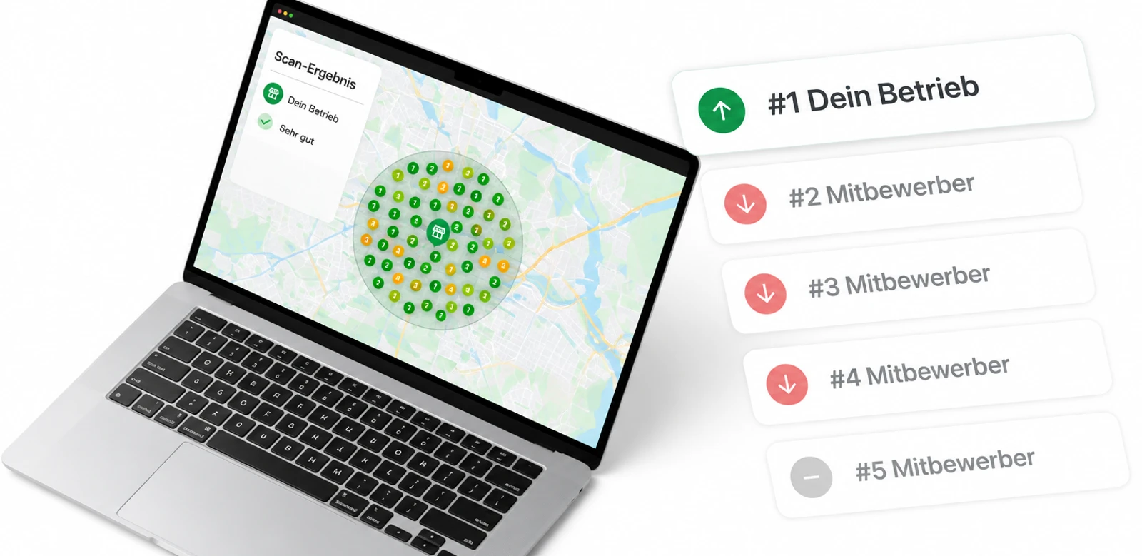 Laptop mit lokalem Ranking-Scan: Scan-Ergebnis für deinen Betrieb, Platz 1 vor Mitbewerbern